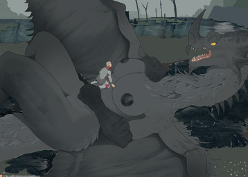 anthro areola big_breasts black_areola black_nipples breasts clothed clothing extreme_size_difference feathered_wings feathers female fur grey_body hair horn larger_female lying male male_on_anthro nipples nude on_back size_difference spikes spikes_(anatomy) tail teeth text thick_thighs wings quangdoann elden_ring fromsoftware mythology flying_dragon_agheel dragon human mammal mythological_creature mythological_scalie scalie hi_res url