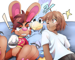 3_toes 4_fingers 5_fingers anime_eyes anime_style anthro big_feet blush blush_lines bottomwear cartoon_gloves clothing cuddling eyewear feet fingers furniture glasses group kemono male male/male pants pawpads paws shirt smush sofa soles toes toony topwear trio wearing_glasses whiskers wing_fingers paradoxian kemono_twack_(paradoxian) roderick_(tamerkoh) zoom_(paradoxian) avian bird human lagomorph leporid mammal rabbit 5:4 absurd_res hi_res