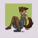 anthro bodily_fluids clear_urine clothed clothing embarrassed female footwear genital_fluids omorashi overalls shoes solo urine urine_pool watersports wet wet_clothing wetting furryporky canid canine canis domestic_dog mammal 2d_animation animated short_playtime