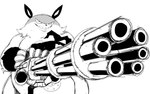 16:10 2024 ambiguous_gender black_and_white cheek_tuft facial_tuft feral gatling_gun grizzbolt gun holding_gun holding_object holding_ranged_weapon holding_weapon m_134 machine_gun monochrome pal_(species) palworld pocketpair ranged_weapon simple_background smile solo standing threatening tuft weapon white_background widescreen winick-lim