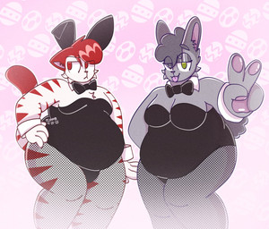 annoyed anthro belly big_belly bow_tie breasts bunny_costume chest_tuft clothing collar costume duo female fishnet_clothing fur gesture green_eyes grey_body grey_fur grey_hair hair hand_gesture holidays male male/female moobs overweight overweight_anthro overweight_female overweight_male paws red_eyes red_hair red_stripes simple_background standing stripes tail thick_thighs tongue tongue_out tuft v_sign white_body white_fur rojocatto easter cathy_(rojocatto) rojo_(rojocatto) felid feline hybrid lagomorph leporid mammal rabbit hi_res watermark