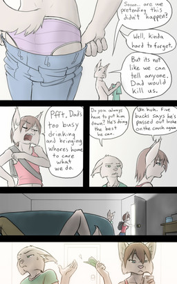 adolescent anthro backpack blue_bottomwear blue_clothing blue_eyes blue_pants bodily_fluids bottomwear brown_hair clothed clothing dialogue door dressing duo ears_back electronics eyebrows eyes_closed faceless_anthro faceless_character faceless_male female fully_clothed furniture green_clothing green_eyes green_shirt green_topwear hair holding_object holding_phone male midriff money mostly_offscreen_anthro mostly_offscreen_character mostly_offscreen_male navel on_sofa open_mouth panties pants phone pink_clothing pink_nose pink_shirt pink_topwear pivoted_ears shirt short_hair sofa speech_bubble sweat sweatdrop tail teeth text topless topless_anthro topless_male topwear underwear young young_anthro young_female young_male black-kitten conditional_dnp tuftbox keith_(black-kitten) sebastien_(black-kitten) serah_(black-kitten) felid feline lynx mammal 2016 5:8 colored comic english_text hi_res brother_(lore) brother_and_sister_(lore) sibling_(lore) sister_(lore) twins_(lore)