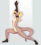 anthro armband breasts breath claws eyes_closed featureless_breasts featureless_crotch female fur hair mostly_nude naked_yoga nude ponytail pose raised_arms side_view solo spread_legs spreading stretching yoga sutamasque delilah_nightingale domestic_ferret mammal mustelid musteline true_musteline weasel 2024 signature