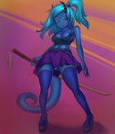 anthro bottomwear clothed clothing female furgonomics horn melee_weapon skirt solo sword tail tail_through_skirt weapon prisma6 lizard reptile scalie hi_res