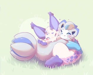 2_horns ambiguous_gender big_ears blue_eyes blush claws cuddling duo eye_contact feral grass hair heart_symbol horn looking_at_another lying markings on_grass on_ground one_eye_closed pawpads pink_pawpads plant quadruped short_hair smile spots spotted_markings tail shiones fakemon felid feline lewxen mammal 2025 colored digital_drawing_(artwork) digital_media_(artwork) hi_res shaded