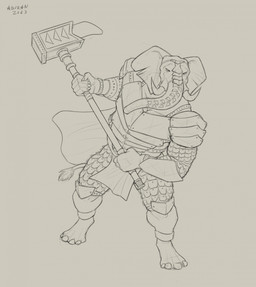anthro armor barefoot clothed clothing feet front_view hammer holding_hammer holding_object holding_tool holding_warhammer holding_weapon male male_anthro narrowed_eyes proboscis_(anatomy) simple_background solo standing tools trunk_(anatomy) tusks warhammer weapon aduran lamachus_(nalkhan) elephant elephantid mammal proboscidean 2023 absurd_res dated full-length_portrait hi_res monochrome portrait sketch