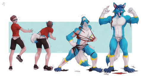 4_toes 5_fingers after_transformation amazed anklet_(marking) anthro arm_tuft athletic athletic_human athletic_male athletic_wear barefoot base_one_layout biceps big_feet biped black_lips blue_body blue_fur body_size_growth bottomwear bottomwear_down broad_shoulders brown_hair bulge calf_muscles cheek_tuft chest_tuft claw_growth claws clenched_teeth clothed clothing clothing_scraps countershade_torso countershading destroyed_clothing dipstick_ears dipstick_tail ear_markings ears_back elbow_tuft emanata eyewear facial_tuft fangs feet finger_claws fingers fist flexing flexing_bicep flexing_both_biceps fluffy fluffy_tail foot_growth footwear four_frame_sequence fur fur_growth glasses gloves_(marking) growth gym_bottomwear gym_shorts hair happy head_back head_tuft heart_print heart_print_underwear human_to_anthro hunched_over imminent_transformation leg_markings lips looking_at_own_butt looking_at_self looking_back male markings mid_transformation mostly_nude motion_lines multicolored_body multicolored_ears multicolored_fur muscle_growth muscular muscular_anthro muscular_male on_one_leg open_mouth pants pants_down partially_clothed pawpads paws pecs pink_nose pink_pawpads pivoted_ears plantigrade quads raised_leg sharp_teeth shirt shocked shoe_burst shoes shorts simple_background size_transformation slim smile snout socks_(marking) solo species_transformation standing surprised t-shirt tail tail_bulge tail_growth tail_markings tailsplosion tearing_bottomwear tearing_clothing tearing_own_clothing tearing_shirt tearing_shorts tearing_t-shirt tearing_underwear teeth tight_clothing toe_claws toes tongue topless topwear torn_bottomwear torn_clothing torn_shoes torn_shorts torn_underwear transformation transformation_sequence tuft underwear underwear_only white_body white_claws white_fur wide_stance yellow_body yellow_eyes yellow_fur yellow_markings zibyr ferdinand_the_folf canid canine canis fennec_fox fox human hybrid mammal true_fox wolf 2024 hi_res sequence shaded signature