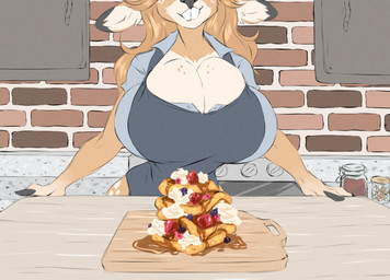 anthro apron big_breasts breasts brown_body brown_fur brown_hair buckteeth cleavage clothed clothing collared_shirt dress_shirt female food freckles fur hair huge_breasts hyper hyper_breasts markings multicolored_body multicolored_fur pancake shirt small_waist solo spots spotted_body spotted_fur spotted_markings tan_body tan_fur teeth topwear two_tone_body two_tone_fur wide_hips dullvivid fiona_fawnbags_(dullvivid) deer mammal new_world_deer white-tailed_deer hi_res