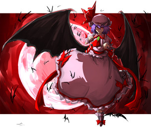 alternative_fashion ascot blue_hair bonnet clothed clothing colored_nails dress female footwear goth gothic_lolita grin hair hat headgear headwear j-fashion legwear lolita_(fashion) membrane_(anatomy) membranous_wings mobcap moon nails not_furry red_eyes red_nails ribbons sharp_teeth short_hair smile socks solo teeth victorian_goth wings kan_(aaaaari35) touhou remilia_scarlet bat humanoid mammal vampire hi_res