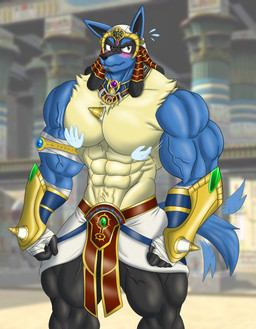 accessory anthro big_muscles blush clothing disembodied_hand egyptian egyptian_clothing flustered ghost_hand male muscular muscular_anthro muscular_male pec_grab pecs solo tail tail_motion tailwag usekh flameyverdantfire nintendo pokemon canid canine canis generation_4_pokemon jackal lucario mammal pokemon_(species) absurd_res hi_res