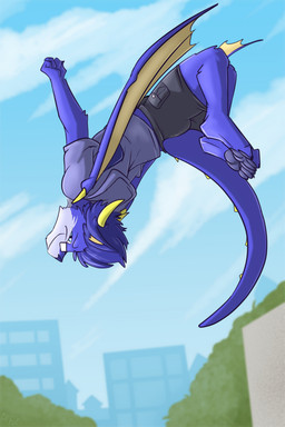 2_horns action_pose anthro back_wings backflip biped black_nose blue_body blue_fur blue_hair bottomwear brown_bottomwear brown_clothing brown_shorts city closed_smile clothed clothing countershade_face countershade_fur countershading day eyewear fur furgonomic_topwear furgonomics glasses hair horn looking_at_viewer male membrane_(anatomy) membranous_wings mouth_closed outside pawpads pink_clothing pink_shirt pink_topwear pose rectangular_glasses shirt short_hair shorts smile solo spiked_tail spikes spikes_(anatomy) tail topwear wearing_glasses white_body white_countershading white_fur wings fuf european_mythology mythology dragon furred_dragon furred_scalie mythological_creature mythological_scalie scalie western_dragon 2019 hi_res