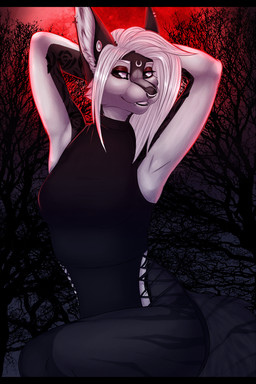 anthro black_body black_clothing black_dress breasts clothing detailed_background dress ear_piercing ear_ring eyebrows facial_piercing female fur gauged_ear hair moon multicolored_body multicolored_fur nose_piercing nose_ring piercing red_moon ring_piercing septum_piercing septum_ring smile solo stripes white_body white_hair reiko4835i canid canine canis mammal vampire wolf 2022 digital_drawing_(artwork) digital_media_(artwork) hi_res