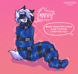 ambiguous_gender anthro bdsm belt belt_bondage black_belt black_hair blue_body blue_fur bondage bound cheek_tuft facial_tuft fur glistening glistening_eyes hair motion_lines muzzle_(object) muzzled red_eyes simple_background sitting solo submissive text tuft white_body white_fur white_hair kiwyne nintendo pokemon generation_7_pokemon lycanroc midnight_lycanroc pokemon_(species) 2022 artist_name dated english_text full-length_portrait hi_res portrait