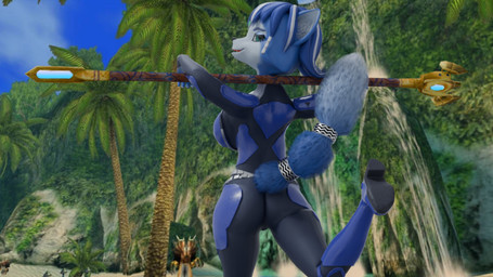 anthro bedroom_eyes bodysuit clothing female fur krystal's_staff looking_back multicolored_body multicolored_fur narrowed_eyes seductive skinsuit solo tight_clothing semioriginalusername nintendo star_fox krystal_(star_fox) canid canine fox mammal 3d_(artwork) blender_(artwork) digital_media_(artwork)