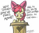 female feral frown hair red_hair simple_background solo text white_background young young_feral flutterthrash friendship_is_magic hasbro my_little_pony pink_floyd the_wall_(album) apple_bloom_(mlp) earth_pony equid equine horse mammal pony english_text hi_res lol_comments