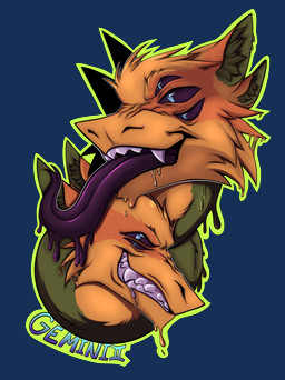 anthro black_tongue blue_eyes bodily_fluids ears_up long_tongue looking_aside looking_at_viewer male multi_ear multi_eye multicolored_body muscular muscular_male name_tag open_mouth saliva smile smiling_at_viewer solo teeth teeth_showing text tongue tongue_out localquackhead unknown_artist gemini_the_sergal sergal absurd_res alpha_channel hi_res
