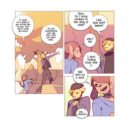3_panel_comic anthro beanie black_text border bottomwear brown_body brown_fur brown_hair brown_nose choker clothed clothing detailed_background dialogue dipstick_ears ear_markings femboy fence footwear fur grass hair hat headgear headwear hoodie jacket jewelry looking_at_another male multicolored_ears narrowed_eyes necklace open_mouth outside pants plant shirt shoes shrub solo speech_bubble spots standing tan_body tan_fur text topwear tree white_border doxy jesse_(onta) marty_(onta) canid canine canis domestic_dog felid lion mammal pantherine 1:1 2025 comic english_text