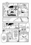 anthro canid canine clothing comic dialogue duo english_text greyscale hi_res human kira_nerisu male male/male mammal monochrome obese overweight raccoon_dog tanuki tecfront text translated underwear