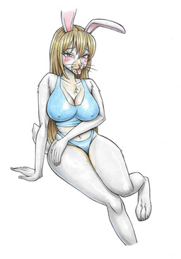 anthro bikini blonde_hair blush breasts clothing female floppy_ears hair looking_at_viewer navel nipple_outline solo swimwear tongue tongue_out two-piece_swimsuit oluttzada lagomorph leporid mammal rabbit hi_res