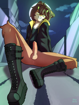 anthro anus black_boots black_bottomwear black_clothing black_footwear black_jacket black_shoes black_shorts black_topwear boots bottomwear brown_body brown_fur brown_hair bulge city clothed clothing cloud femboy footwear fur genitals green_clothing green_eyes green_footwear green_horn grin hair horn jacket looking_at_viewer looking_down male male_anthro moon multicolored_body night outside penis shirt shoes shorts sitting sky smile solo spandex spread_legs spreading teeth tight_clothing topwear white_body white_fur yellow_clothing neo_arts hybrid mammal 3:4 absurd_res hi_res