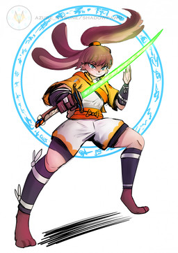 accessory anthro blue_eyes brown_body brown_fur brown_hair clothing eyebrows feet female fur green_lightsaber hair hair_accessory hair_tie holding_lightsaber lightsaber melee_weapon ponytail solo tan_body tan_fur weapon shadowpaw0 star_wars star_wars_visions lop_(star_wars_visions) lagomorph lepi leporid mammal rabbit 2026 hi_res