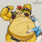 anthro areola armband belly big_areola big_belly big_nipples bracelet claws clothing collar duo fangs fist flexing flexing_bicep fur hair half-closed_eyes hand_behind_head hand_on_belly horn huge_nipples jewelry male moobs narrowed_eyes navel nipples nude nude_male obese obese_anthro obese_male open_mouth overweight overweight_anthro overweight_male red_hair rumbling_stomach scales smile sound_effects spiked_armband spiked_bracelet spiked_collar spikes teeth text thong tongue underwear husky2paws mario_bros nintendo bowser fan_character canid canine canis koopa mammal scalie wolf 2025 hi_res signature