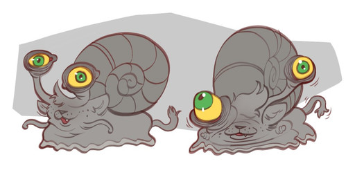 ambiguous_gender eyestalks feral green_eyes grey_body head_tuft looking_at_viewer motion_lines multiple_poses open_mouth open_smile pose shell smile solo spiral_shell tail tuft yellow_sclera kaboozey snandy_(kaboozey) domestic_cat felid feline felis gastropod hybrid mammal mollusk snail 2025 digital_drawing_(artwork) digital_media_(artwork) english_description