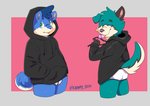 anthro black_clothing black_hoodie black_topwear briefs bulge candy clothing dessert drawyourfursona duo food hoodie hoodie/briefs_meme licking lollipop male simple_background standing tongue tongue_out topwear underwear white_clothing white_underwear chubby_blue meme_clothing canid canine canis domestic_dog mammal absurd_res hi_res meme