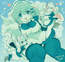 accessory anthro bent_over big_breasts bloomers blue_background blue_eyes blush blush_stickers bottomwear bow_ribbon breasts butt clothed clothing doily eyelashes eyes_closed eyewear facial_piercing female first_aid_kit flower footprint footwear frilly frilly_bloomers frilly_bottomwear frilly_clothing garter_straps glasses group hair_accessory hair_bow hair_ribbon hat headgear headwear heart_symbol high_heels horizontal_pupils hug_invitation lace legwear lying maid_uniform medical_instrument nose_piercing nose_ring nurse_clothing nurse_hat nurse_headwear on_back open_mouth pawprint piercing plant presenting presenting_hindquarters pupils raised_leg red_cross ribbons ring_piercing round_glasses scientific_instrument shoes simple_background star stockings tail trio uniform upskirt wings sanjiro domestic_cat felid feline felis lagomorph leporid mammal rabbit 2023 dated hi_res