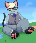 3_toes anthro barefoot blonde_hair brown_eyes clothed clothing duo eyewear feet fully_clothed fur glasses green_eyes grey_body grey_fur grin hair heterochromia macro male pawpads paws sitting smile solo_focus toes dragotrashcan animal_crossing nintendo raymond_(animal_crossing) domestic_cat felid feline felis mammal 2020 hi_res