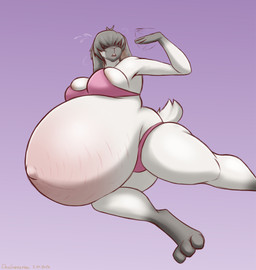 anthro areola barely_contained barely_contained_breasts belly big_belly big_breasts bikini bodily_fluids breasts clothing fanning fanning_self female fur gloves_(marking) gradient_fur grey_body grey_fur grey_hair hair hair_over_eyes huge_belly humanoid_hands hyper hyper_belly hyper_pregnancy leg_markings markings navel open_mouth outie_navel pink_areola pink_bikini pink_clothing pink_swimwear pregnant pregnant_anthro pregnant_female purple_background short_tail simple_background socks_(marking) solo stretch_marks sweat swimwear tail two-piece_swimsuit white_body white_fur dansharkman lagomorph leporid mammal rabbit 2026 english_description hi_res