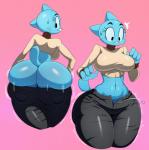 anthro ass_too_fat big_breasts big_butt blue_body bodily_fluids bottomwear bottomwear_pull breasts butt butt_cleavage butt_jiggle clothed clothing clothing_pull dressing embarrassed female huge_butt jiggling looking_back mature_anthro mature_female midriff navel simple_background solo struggling_to_fit sweat sweatdrop sweater thick_thighs tight_bottomwear tight_clothing topwear turtleneck undersized_clothing wardrobe_malfunction wide_hips sssonic2 cartoon_network the_amazing_world_of_gumball nicole_watterson domestic_cat felid feline felis mammal hi_res