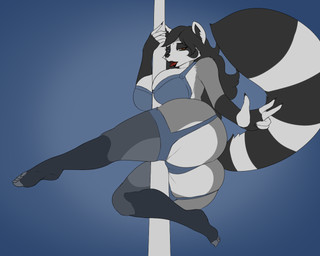 anthro big_breasts big_butt breasts butt clothed clothing female hair legwear lingerie looking_at_viewer pole simple_background smile solo stockings stripper_pole tail thick_thighs blackbetty franciene_(tango's_family) mammal procyonid raccoon 5:4