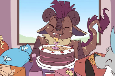 2_horns ambiguous_gender anthro biped birthday birthday_cake black_hair black_nose bovid_horn brown_body brown_fur cake caprine_horn claws dessert duo eyes_closed fangs fire food front_view fur furniture gift hair horn inside male mohawk neck_tuft open_mouth open_smile ram_horn short_hair smile stated_age table teeth tuft young young_anthro young_male fuf ambiguous_species canid canine mammal 2019 3:2