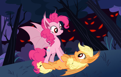 accessory alternate_species blonde_hair cutie_mark fangs female female/female feral freckles fur grass group hair hair_accessory hairband lying membrane_(anatomy) membranous_wings on_back orange_body orange_fur outside pink_body pink_fur pink_hair plant red_eyes smile teeth tree wings magister39 friendship_is_magic hasbro my_little_pony appledrac applejack_(mlp) drinkie_pie pinkie_pie_(mlp) bat_pony earth_pony equid equine horse hybrid mammal pony vampire absurd_res hi_res