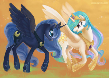 cutie_mark duo feathered_wings feathers female feral horn princess quadruped royalty tail white_body wings askatf friendship_is_magic hasbro my_little_pony mythology princess_celestia_(mlp) princess_luna_(mlp) equid equine mammal mythological_creature mythological_equine winged_unicorn source_request sibling_(lore) sister_(lore) sisters_(lore)