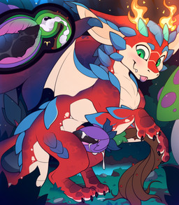 2_horns 3_toes 4_fingers animal_genitalia big_ears black_penis blep blue_body blue_ears blue_eyebrows blue_scales blue_wings blush bodily_fluids cheek_spikes claws cum cum_from_mouth cum_in_mouth cum_inside cutaway emanata erection eyebrows facial_spikes fangs feet fellatio feral finger_claws fingers fire flaming_horn flash_emanata fungus genital_fluids genital_slit genitals glistening glistening_eyes green_eyes green_horn horn leaking_cum male male_feral membrane_(anatomy) membranous_wings multicolored_body multicolored_ears multicolored_scales multicolored_tail multicolored_wings mushroom oral outside penile penis plant_sex pupils quadruped red_body red_ears red_scales red_tail red_wings river scales sex slit_pupils solo spiked_tail spikes spikes_(anatomy) tail tan_body tan_inner_ear tan_scales tan_tail tan_wings tapering_tail teeth toe_claws toes tongue tongue_out wings young young_feral young_male meraence league_of_legends mythology riot_games tencent smolder_(lol) dragon imperial_dragon_(lol) mythological_creature mythological_scalie scalie 2026 digital_drawing_(artwork) digital_media_(artwork) hi_res