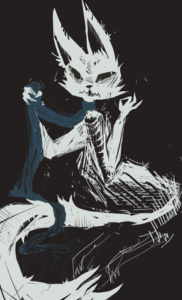 ambiguous_gender anthro blue_scarf fur mostly_nude scarf scarf_only solo surrealism white_body white_fur naircat domestic_cat felid feline felis mammal 2015 digital_drawing_(artwork) digital_media_(artwork) hi_res restricted_palette