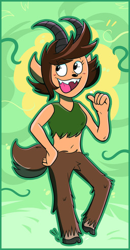 arms_bent bent_leg black_eyes black_hooves black_horn black_nose border brown_body brown_fur brown_hair brown_tail clothing cloven_hooves crop_top crotch_tuft curved_horn eyelashes eyelashes_through_hair female female_humanoid fluffy fluffy_tail fur gesture green_background green_border green_clothing green_crop_top green_outline green_shirt green_topwear hair hand_gesture hand_on_hip hand_on_own_hip hooves horn humanoid_pointy_ears light multicolored_body navel open_mouth open_smile outline pink_tongue pointing pointing_at_self pointy_ears shirt short_hair simple_background smile solo tail tan_body tan_skin thin_eyebrows tongue topwear translucent translucent_hair tuft two_tone_body two_tone_tail fuposey cornelia_(corneliaartz) faun humanoid 2025 colored digital_drawing_(artwork) digital_media_(artwork) english_description full-length_portrait hi_res lighting portrait shaded