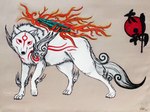 ambiguous_gender black_eyes black_nose empty_eyes feral fur logo markings mouth_closed red_markings side_view simple_background solo white_body white_fur kola_(artist) capcom okami_(capcom) amaterasu_(okami) 2015 artist_logo dated traditional_media_(artwork)