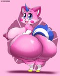 anthro belly big_belly big_breasts big_butt blue_eyes bottomwear breasts butt clothing domestic_cat felid feline felis female hi_res horn huge_breasts huge_butt lego mammal pink_background pink_body shorts simple_background smile solo tail the_lego_movie thedeathcrow05 thick_thighs unikitty