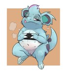 3_fingers anthro blep blue_body bottomless bottomless_female clothed clothing exhausted female fingers front_view genitals multi_nipple navel nipples overweight overweight_female pussy scar semi-anthro short_stack sitting solo tongue tongue_out noodlestoat nintendo pokemon generation_1_pokemon nidorina pokemon_(species) 2024 full-length_portrait hi_res portrait