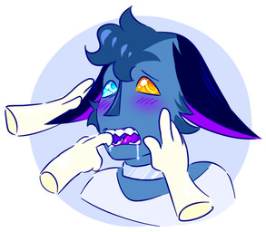 ambiguous_gender bared_teeth blue_body blue_fur blue_hair blush blush_lines bodily_fluids clothing collar disembodied_hand drooling embarrassed finger_in_mouth fur gloves gums_showing hair handwear heterochromia metal_collar mouth_play nervous petting petting_ears petting_face purple_gums purple_inner_ear purple_insides purple_mouth purple_tongue saliva sharp_teeth solo teeth teeth_showing tongue wiingdings wingdings_(wd) alien felid feline mammal moekka
