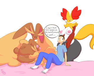 anthro anthrofied anus bed breasts brown_hair butt dialogue female furniture genitals group hair human_on_anthro inner_ear_fluff interspecies male nipples pokemorph pokephilia red_eyes speech_bubble text tuft vulva wide_hips immortalstar nintendo pokemon canid canine delphox generation_4_pokemon generation_6_pokemon human lagomorph lopunny mammal pokemon_(species) english_text source_request