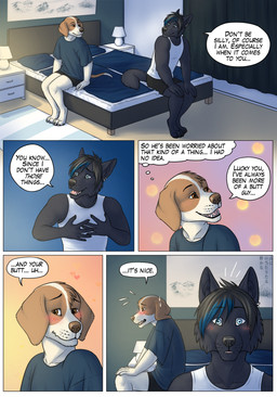 anthro bed bed_frame bed_sheet bedding bedroom black_body black_fur black_hair blanket blue_eyes blush bodily_fluids boxer_briefs brown_eyes claws clothing curtains dialogue digitigrade duo ear_piercing ear_ring embarrassed eye_through_hair eyebrow_through_hair eyebrows fur furniture hair hand_on_chest hands_on_bed hands_on_knees hands_on_legs headboard heart_symbol highlights_(coloring) lamp looking_at_another looking_at_partner male night nightshirt nightstand on_bed painting_(object) piercing pillow ring_piercing romantic romantic_couple shadow shirt sitting sitting_on_bed smile surprised sweat sweatdrop tan_body tan_fur tank_top text thought_bubble toe_claws topwear translucent translucent_hair underwear wavy_mouth gaikotsu airam tauski canid canine canis domestic_dog mammal wolf comic english_text hi_res