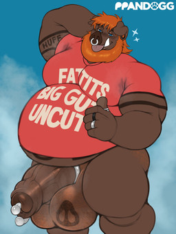 accessory anthro arm_tattoo armband_tattoo ball_tattoo balls beard bedroom_eyes belly belly_overhang belly_peek belly_tattoo big_balls big_belly big_moobs big_penis blush bodily_fluids body_hair bottomless butt_hair clothed clothing cock_ring ear_piercing facial_hair facial_piercing floppy_ears foreskin front_view gauged_ear genital_piercing genital_tattoo genitals gesture glans hair hairy_balls half-erect hand_behind_head hand_gesture huge_balls huge_penis jewelry looking_at_viewer male moobs musclegut muscular muscular_arms musky_armpit musky_balls musky_penis narrowed_eyes nose_piercing nose_ring overweight overweight_male penis penis_accessory penis_jewelry penis_piercing piercing prince_albert_piercing ring ring_piercing saggy_balls seductive septum_piercing septum_ring shirt shirt_only simple_background sky smile solo sparkles standing sweat sweat_stain t-shirt t-shirt_only tattoo text text_on_clothing text_on_shirt text_on_topwear thick_thighs thumbs_up tongue tongue_out topwear topwear_only tusks vein veiny_penis ppandogg fat_tits_big_gut_uncut gus_(ppandogg) mammal suid suine sus_(pig) wild_boar hi_res