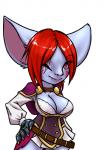 breasts cleavage clothed clothing eye_scar facial_scar female hair hand_on_hip looking_at_viewer one_eye_closed pink_eyes red_hair scar simple_background smile solo white_background furball league_of_legends riot_games tencent wyla_(furball) humanoid yordle 2019 3:4 portrait three-quarter_portrait