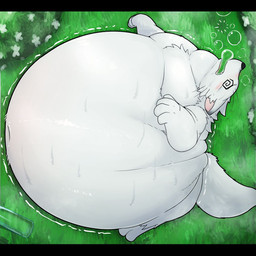 ambiguous_gender anthro belly belly_expansion big_belly bottle bubble_from_mouth cheek_spots cloud container dizzy_eyes empty_bottle expansion flower fur fur_tuft huge_belly hyper hyper_belly immobile inflation lying nature navel on_ground on_side open_mouth outside plant shaking shrub soda_inflation solo straining sweating_profusely tuft whiskers white_body white_fur novtoon mammal mustelid musteline true_musteline weasel 1:1 colored
