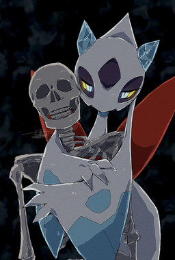 blue_eyes bone death female hug hugging_another hugging_from_behind looking_at_viewer simple_background skeleton solo yellow_sclera urushix_7 nintendo pokemon froslass generation_4_pokemon ghost humanoid pokemon_(species) spirit hi_res