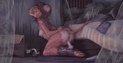 anthro bed book boots breasts clothing curtains dildo electronics emotional evening female footwear furniture genitals inside knot light palms phone prosthetic sex_toy shoes solo tail text vaginal vulva alex-dep-998 mammal mouse murid murine rodent 2026 artist_name digital_media_(artwork) hi_res